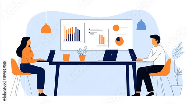 Fototapeta Team Analyzing Competitor Market Data, Flat Design Illustration