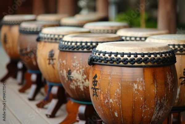 Fototapeta Traditional japanese taiko drums are lined up in a row, emanating a sense of anticipation and cultural richness