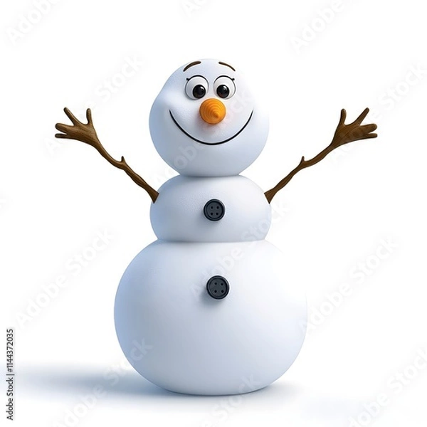 Fototapeta Happy Snowman with Orange Nose and Button Details, Featuring Branch Arms and Cheerful Expression