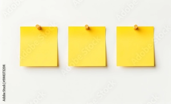 Fototapeta Three Yellow Sticky Notes: Minimalist mockup of three blank yellow sticky notes pinned to a wall, ready for your message or ideas. Perfect for your next project, presentation or reminder. 
