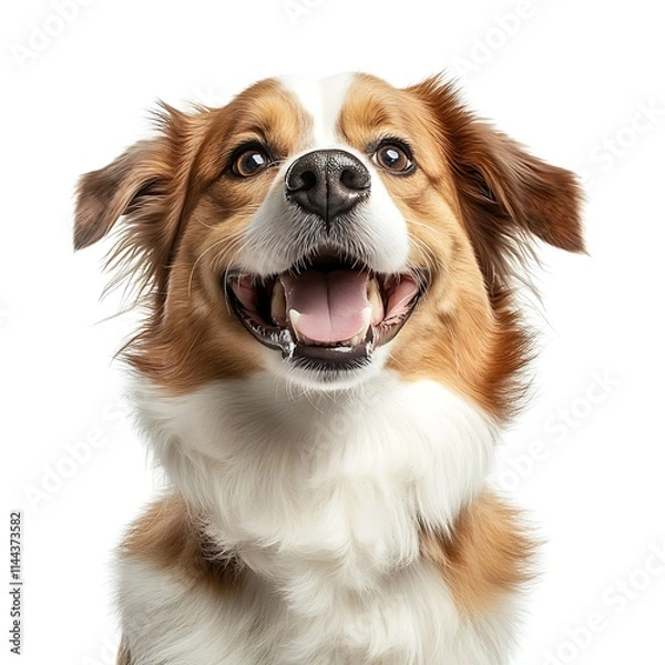 Fototapeta Joyful Dog Portrait: A heartwarming close-up of a happy, medium-sized dog with a cheerful expression.  The dog's fur is a mix of brown and white, and its joyful expression is infectious.