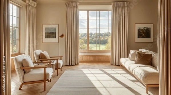 Fototapeta Sun-drenched room with light oak parquet floors, soft furnishings, and a panoramic view of the outdoors