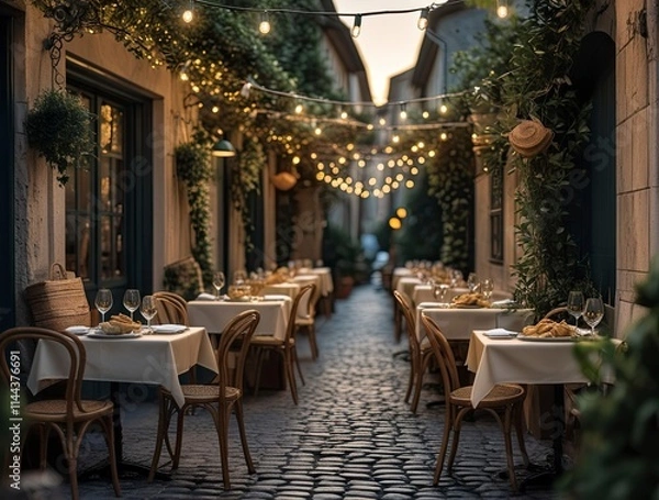Fototapeta A charming outdoor food cafe on a cobblestone street, featuring small tables with elegant tableware and plates of fresh pasta, bread, and wine glasses, generative ai