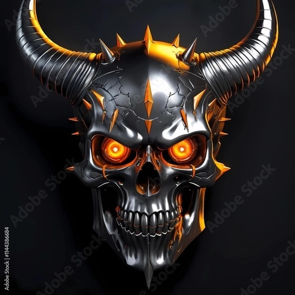 Fototapeta Polished Steel Skull with Ominous Glow