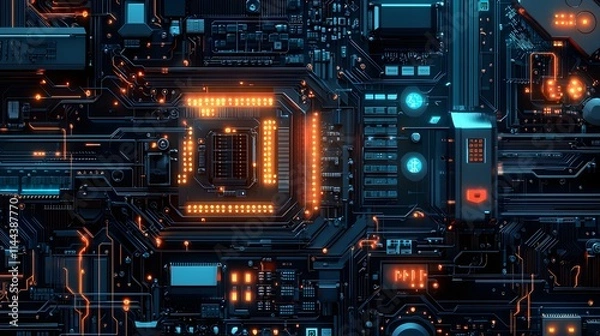 Fototapeta Close-up macro shot of a green electronic circuit board with a powerful CPU showcasing advanced computer technology