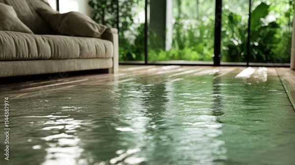 Fototapeta A stylish sitting area is artfully invaded by serene floodwater, with lush greenery beyond glass doors contributing to a calm, modern, and tranquil ambiance indoors.
