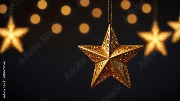 Fototapeta Here are a few options for your stock photo description, all under 200 characters:..**Option 1 (Focus on the main star):**..> Ornate gold star ornament hanging against a dark backg