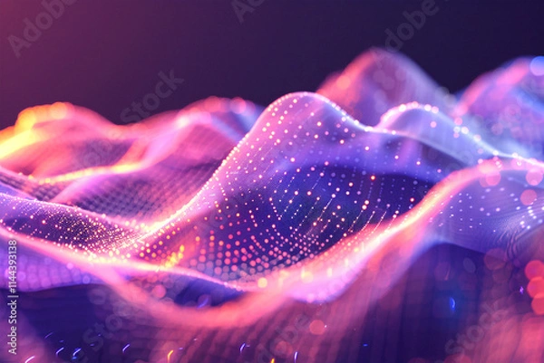 Fototapeta Dynamic digital waves with glowing blue and pink particles, representing modern technology and connectivity.