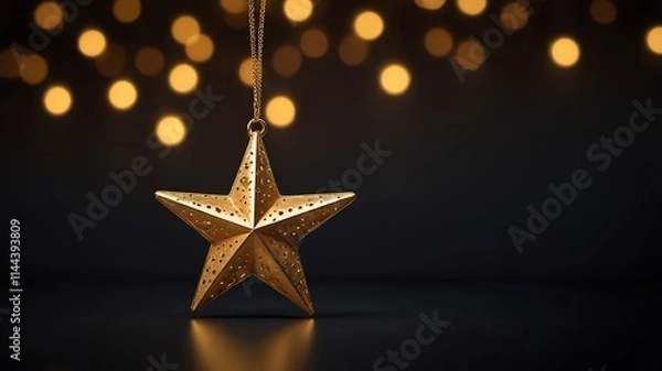 Fototapeta Here are a few options for your stock photo description, all under 200 characters:...**Option 1 (Focus on elegance):**..> Elegant gold star ornament hanging against a bokeh backgro