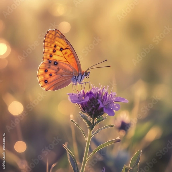 Fototapeta Close-up of a wildflower with an insect, photorealistic bright orange butterfly on a purple flower in golden hour light
