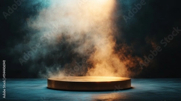 Obraz A circular platform enveloped in an enchanting mist, illuminated from above by an orange glow, creating a dramatic contrast with the surrounding darkness.