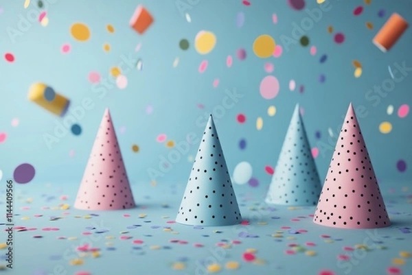 Fototapeta Colorful party hats and confetti creating a festive atmosphere on a bright blue background during a celebration
