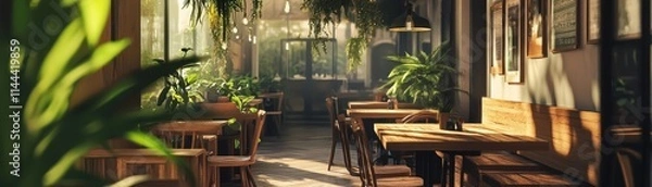 Fototapeta Cozy Eco Friendly Restaurant Interior with Upcycled Wooden Furniture and Hanging Plants