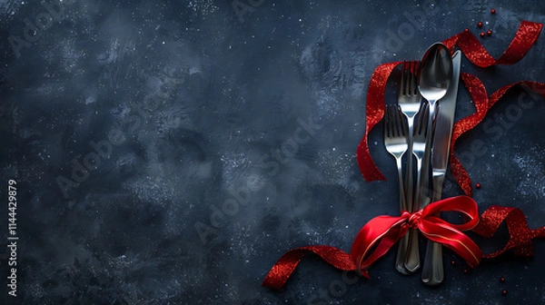 Obraz Elegant Festive Dining Table Setting with Silverware and Ribbon