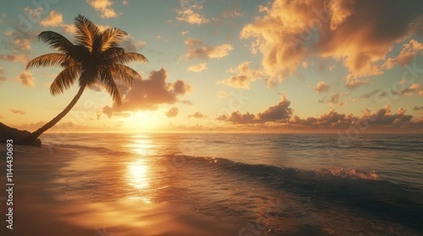 Fototapeta A vibrant tropical sunset with dynamic clouds and shimmering ocean waves. The silhouetted palm tree adds depth to this idyllic scene, evoking feelings of tranquility and wanderlust.. AI Generation