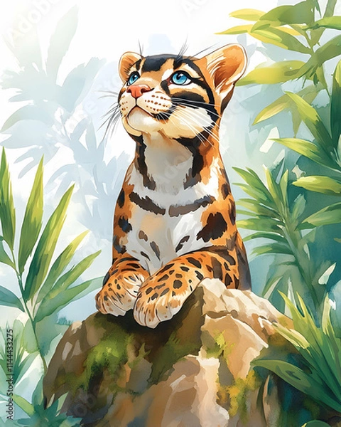Fototapeta Cute Clouded Leopard Cub Gazing Upward in Lush Jungle for Children's Book Illustration.