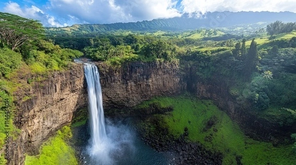 Fototapeta Wailua falls cascading down a cliff into a pond in kauai, hawaii