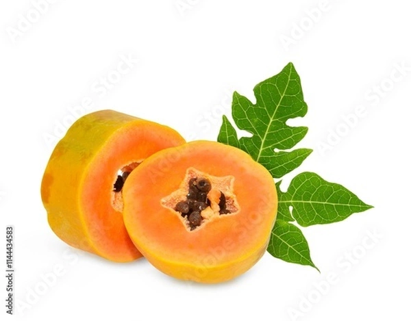 Fototapeta ripe papaya fruit with seeds isolated on white background. full depth of field