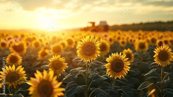 Obraz A Field of Sunflowers During Harvest with Modern Machinery":