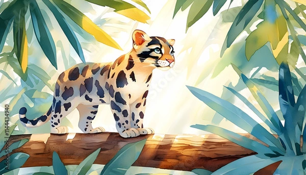 Fototapeta Ocelot cub on branch, tropical jungle, sunlight, illustration, children's book.