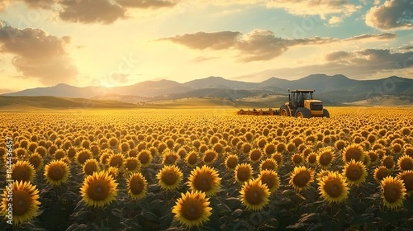 Obraz A Field of Sunflowers During Harvest with Modern Machinery":