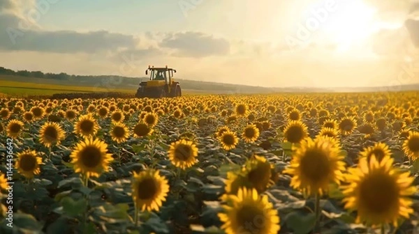 Obraz A Field of Sunflowers During Harvest with Modern Machinery":