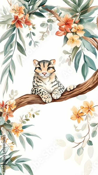 Fototapeta Ocelot relaxing on branch, floral frame, jungle background, for print design.