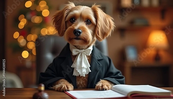 Obraz petfluencer The Case of the Curious Canine: A charming, fluffy dog in a judge's robe and bow tie sits at a desk with an open book,  ready to dispense justice with a playful twinkle in his eye.