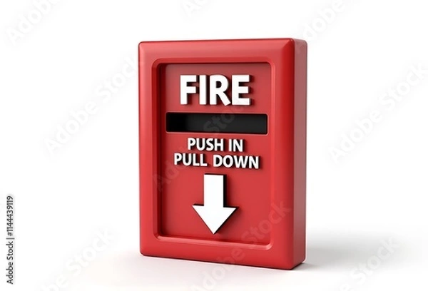 Obraz Red Fire Alarm Box: A close-up shot of a classic red fire alarm box with the words "FIRE" and "PUSH IN PULL DOWN" clearly visible. The arrow pointing downward adds a sense of urgency and direction.  