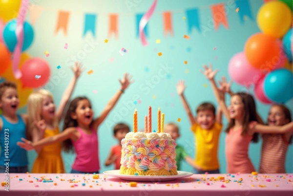 Obraz A playful birthday party scene featuring happy kids with balloons, ribbons, and a large cake decorated with candles and sprinkles..