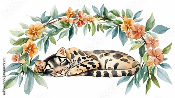 Fototapeta Sleeping Clouded Leopard Watercolor Floral Wreath, Jungle Background, Nursery Decor.