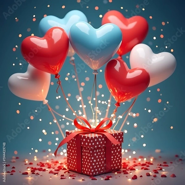 Obraz Heartfelt Balloons & Gift Surprise: A vibrant 3D rendering of heart-shaped balloons floating above a gift box exploding with sparkling lights, creating a festive and romantic atmosphere.