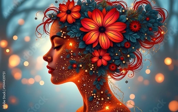 Obraz double exposure A digital art portrait of a serene woman adorned with vibrant red flowers, glowing with ethereal light.  Her hair flows like fire, creating a mystical and captivating image.