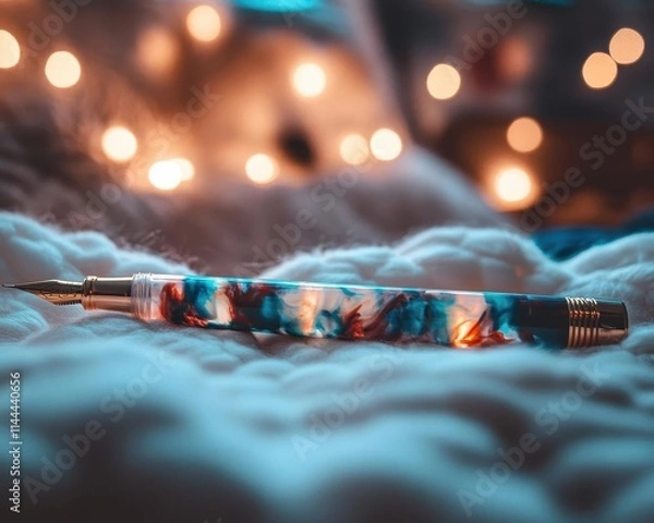 Obraz Ink pen with vibrant ink, soft lighting, cozy writing setup