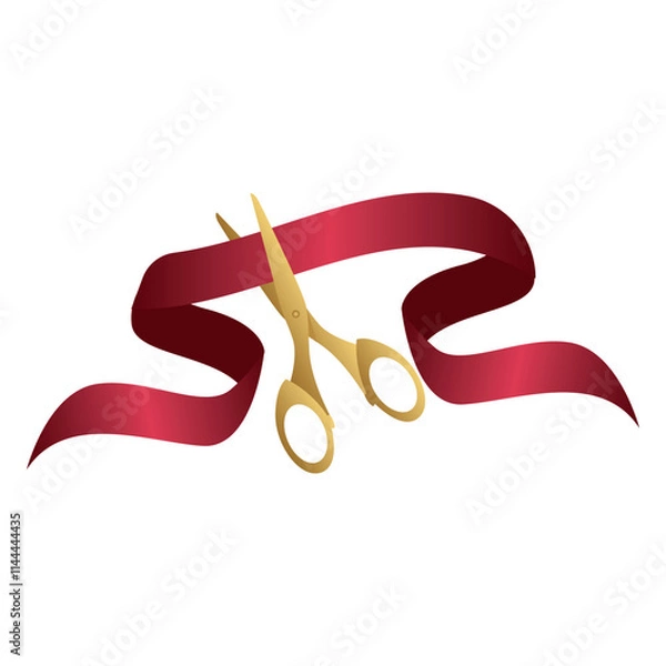 Fototapeta Grand opening design with ribbon, balloons and gold scissors, confetti. Vector illustration