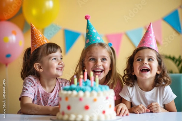Obraz A playful birthday party scene featuring happy kids with balloons, ribbons, and a large cake decorated with candles and sprinkles..