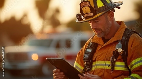 Obraz Firefighter using tablet to monitor emergency response operations urban area action scene evening light front view technology integration