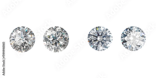 Fototapeta Set of Sparkling light round brilliant cut diamond with shadow top view and front view. 3D rendering illustration. Generative AI.