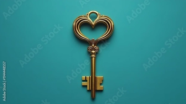 Obraz Ornate Heart-Shaped Key with a Bow on a Teal Background