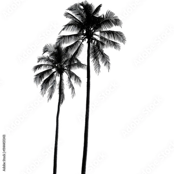 Fototapeta Two silhouetted palm trees against a white background.