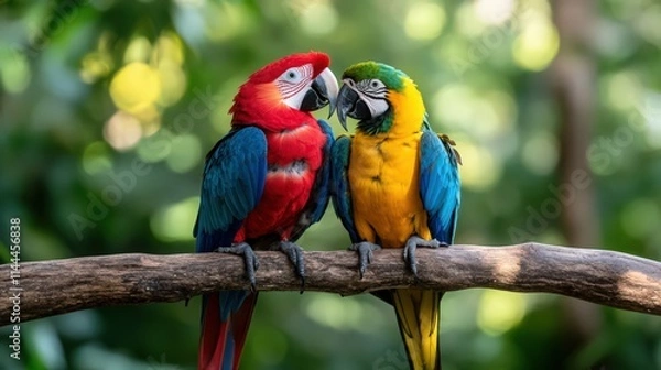 Obraz Two parrots are sitting on a branch, one is red and the other is yellow