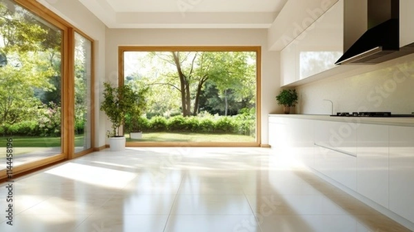 Fototapeta A sunlit kitchen with large windows showcasing a garden view, providing a tranquil and bright environment perfect for cooking and relaxation.