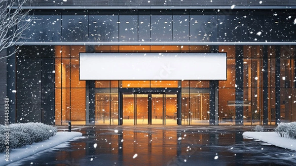 Fototapeta mocap, brick and glass office building and sign above the entrance, winter, it's snowing 
