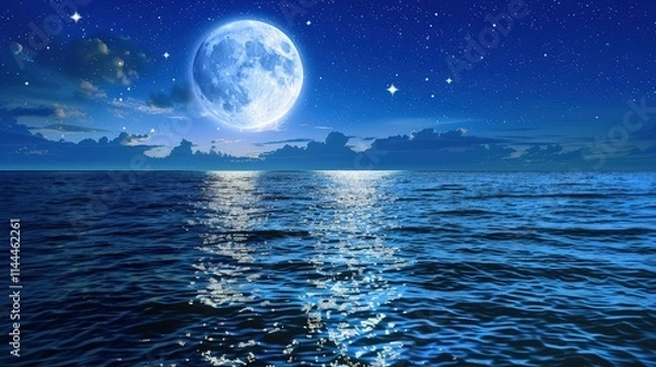 Fototapeta The moon rises slowly over the vast, endless sea, casting a silver glow across the water's surface.