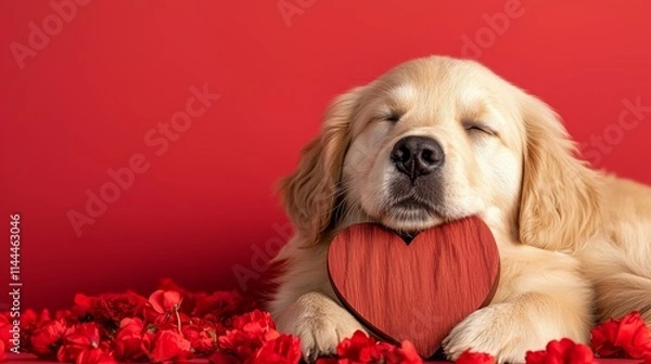 Fototapeta A golden retriever puppy peacefully holds a heart-shaped decoration, surrounded by rose petals against a vibrant red background.