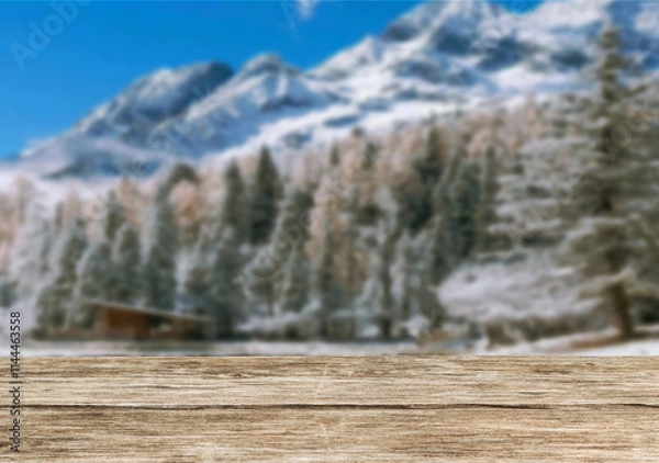 Obraz Wooden table top on blurred background mountains and forest nature Snow for important product editing or image layout design. View of the copy space.
