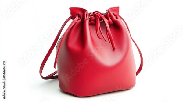 Fototapeta Bucket Bag: A trendy bucket bag in a vibrant red color with a drawstring closure, isolated against a white background. 