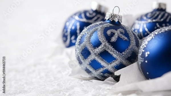 Fototapeta Festive Decoration: Hanukkah Blue Ornaments with Silver Designs on White Torn Paper for Holiday Celebration