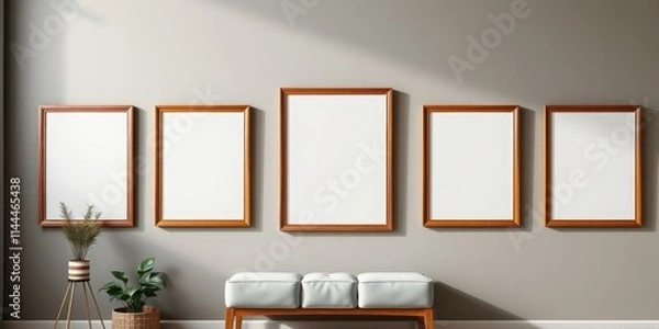 Fototapeta Modern interior design with five empty picture frames and a light-colored bench