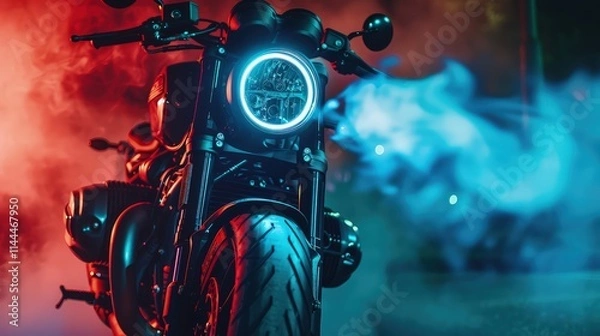 Fototapeta The tires leave a trail of smoke as the rider accelerates, the engine’s growl blending with the cool night air. 